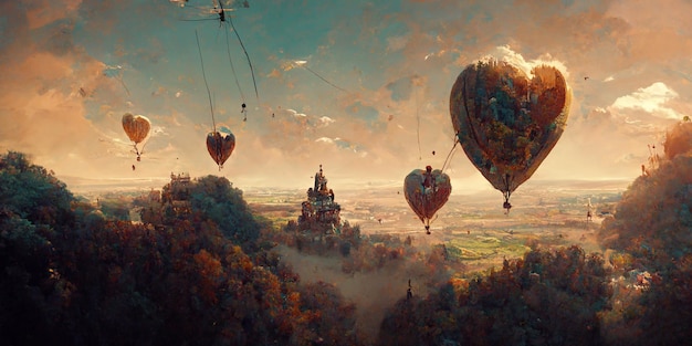 Aerial view of a European landscape from a hot air balloon with a loving couple, 3d render