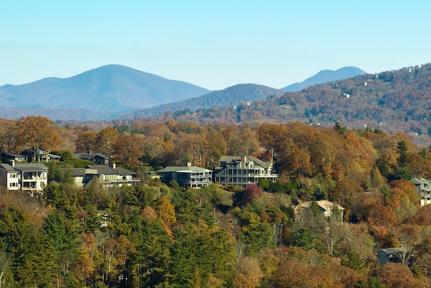 Aerial view of expensive american homes on hilltop in North Carolina mountains residential area New family houses as example of real estate development in USA suburbs