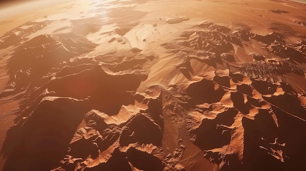 Aerial view of extraterrestrial peaks and gorges on a barren planet