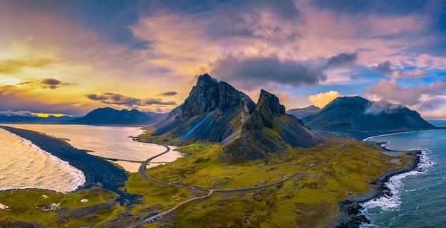 Aerial View of the Eystrahorn with Krossanesfjall Mountain in Iceland at sunset