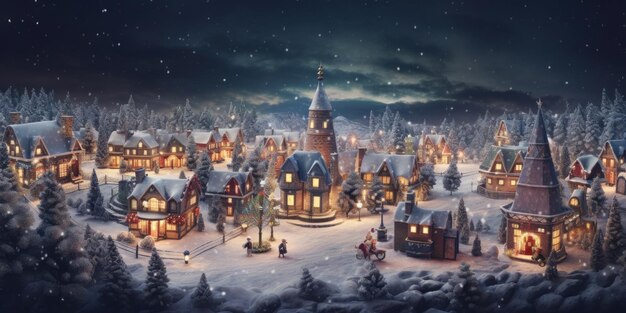 Photo aerial view of fairy tale christmas village with snow in vintage style at night magic winter village landscape with christmas tree with lights christmas holidays