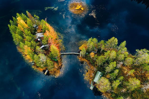 Aerial view of fall autumn colors forest and blue lake with island in rural Finland