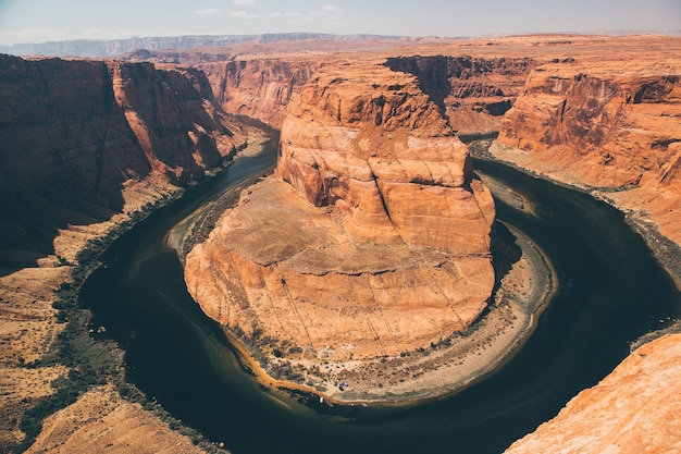 Aerial view of the famous Horseshoe bend from curve river in the southwest USA