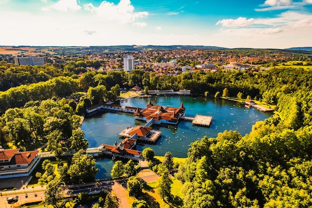 Aerial view of the famous Lake Heviz in Hungary near the lake Balaton The largest thermal lake in the world available to bath Discover the beauties of Hungary