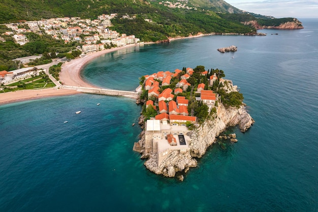 Aerial view of famous Sveti Stefan island, luxurious resort in Montenegro