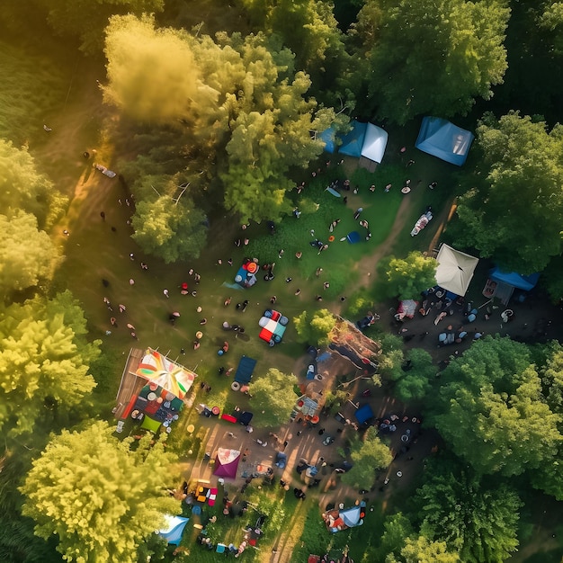 Aerial view of a festival with a tent and people in the foreground