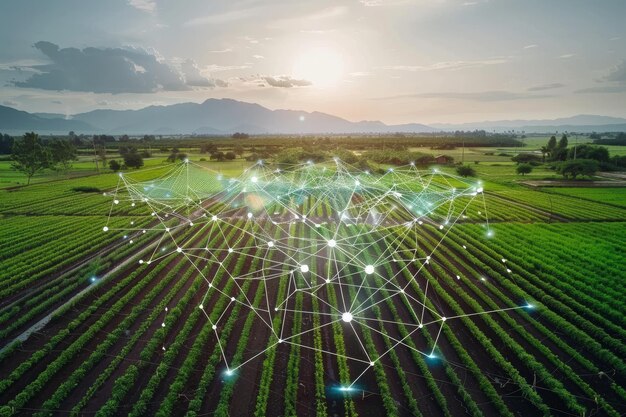 Photo aerial view of field with connected network lines an aerial view of a smart irrigation system optimizing water usage in a large agricultural field