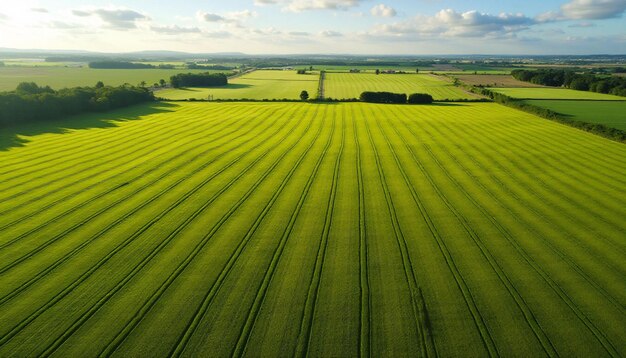 Photo aerial view of the field with the sun shining on the horizon