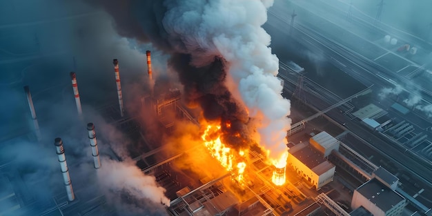 Aerial view of a fire at a power plant Concept Industrial Accident Fire Emergency Power Plant Incident Aerial Footage Emergency Response