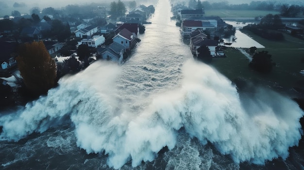 Photo aerial view of flooded homes and a large wave