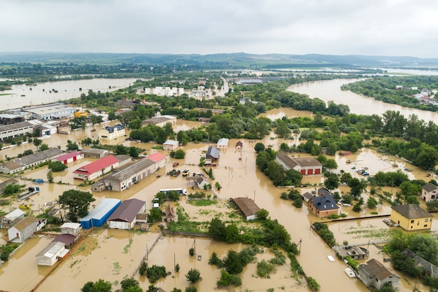 Aerial view of flooded houses with dirty water of Dnister river in Halych town, western Ukraine.