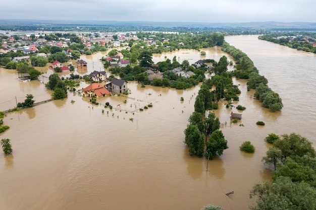 Aerial view of flooded houses with dirty water of Dnister river in Halych town, western Ukraine.