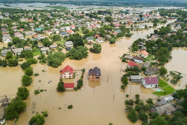 Aerial view of flooded houses with dirty water of Dnister river in Halych town, western Ukraine.