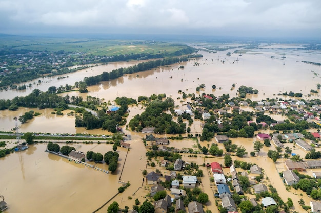 Aerial view of flooded houses with dirty water of Dnister river in Halych town, western Ukraine.