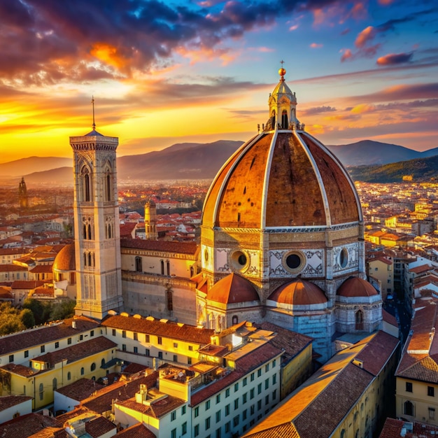 Photo aerial view of florence cathedral duomo di firenze cathedral of saint mary of the flower sunset golden hour italy