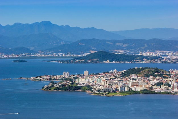 Aerial view of Florianopolis, Santa Catarina in Brazil with mountains in the background