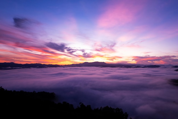 Aerial view of flowing fog waves on mountain tropical rainforestBird eye view image over the clouds Amazing nature background with clouds and mountain peaks in Thailand