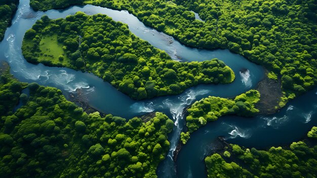 Photo aerial view of a flowing river with green trees and flora