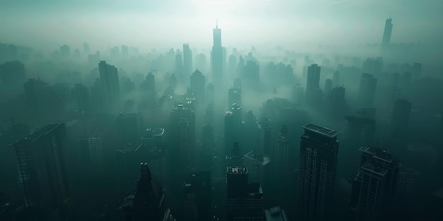 Aerial view of a foggy city with skyscrapers