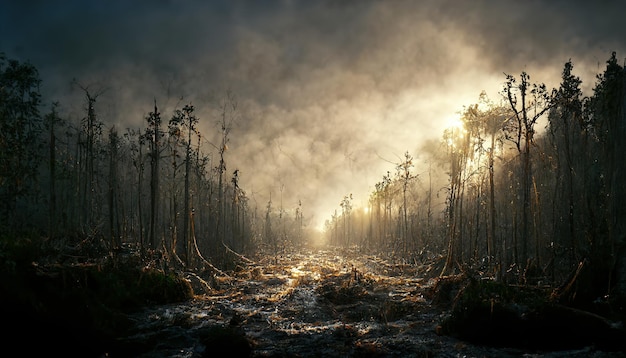 Aerial view of a foggy forest in the morning.