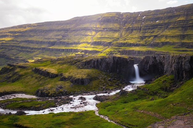 Aerial view of the Folaldafoss waterfall in the east of Iceland