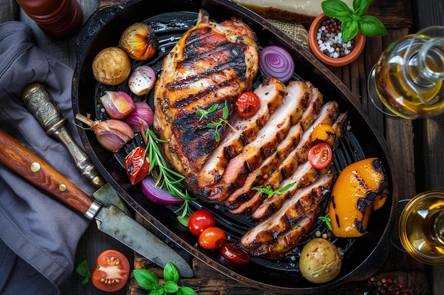 Aerial view of food on pan