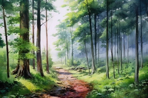 Aerial View of a Forest Bathed in Morning Light Watercolor Design