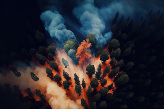 Aerial view at forest fire disaster Generative Ai