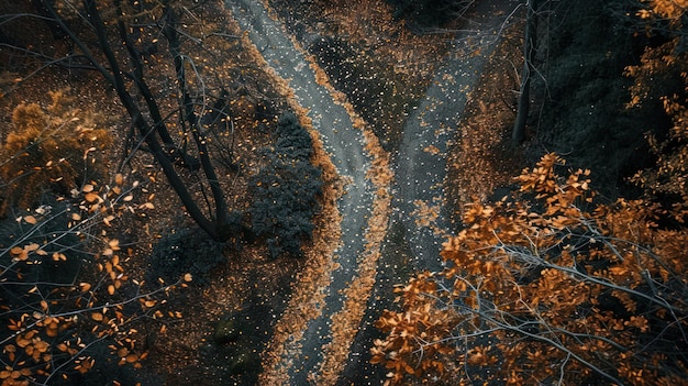 Aerial View of a Forest Path Covered in Fallen Leaves