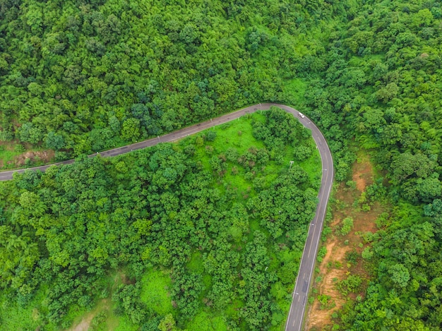 Aerial view of forest road in mountain 