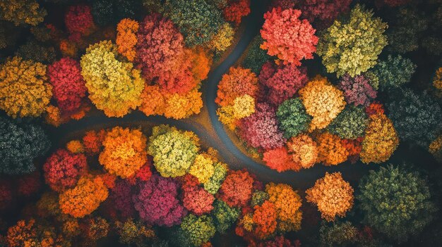 Photo aerial view of a forest with colorful trees and a winding path through the canopy