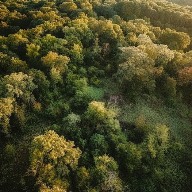 Aerial view of a forest with trees and a sun shining on the horizon