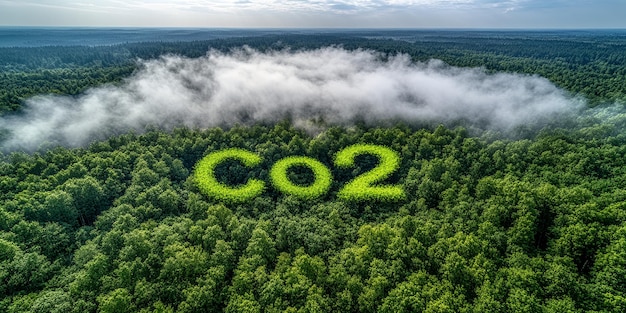 Photo aerial view of a forest with the word co2 formed by trees