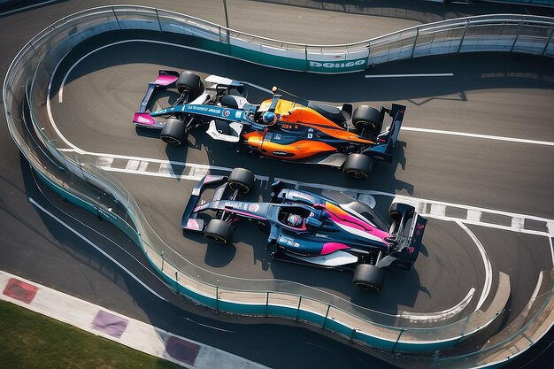 Photo aerial view of formula one cars racing on grand prix track