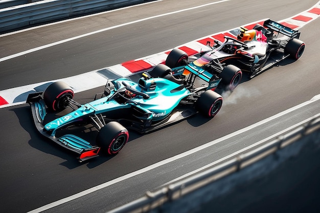 Photo aerial view of formula one cars racing on grand prix track