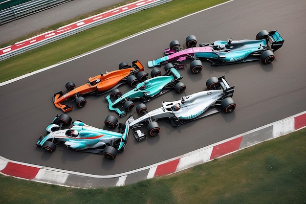 Photo aerial view of formula one cars racing on grand prix track