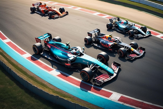 Photo aerial view of formula one cars racing on grand prix track