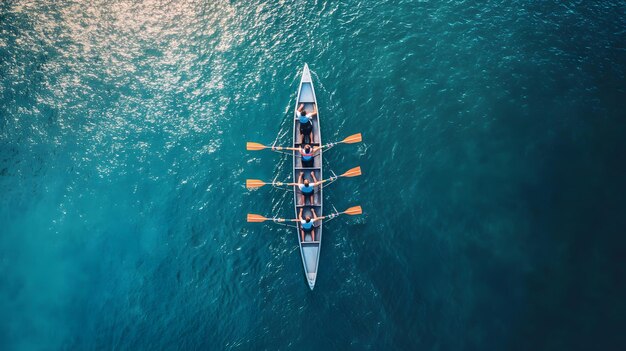 Aerial View of Four People Rowing a Boat in the Ocean