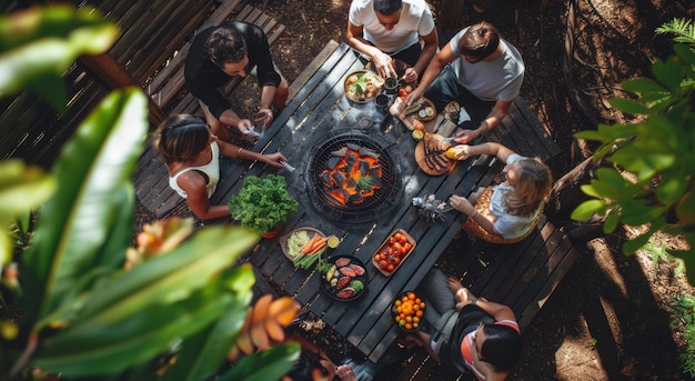 Photo aerial view of friends gathered around a table for a garden barbecue enjoying grilled food