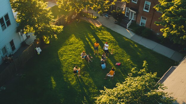 Aerial view of friends hanging out in a backyard on a sunny day