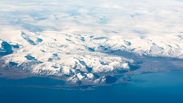 Aerial view from airplane window of Vestrahorn Stokksness