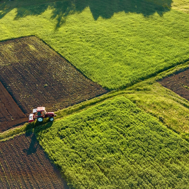 Aerial view from the drone, a bird's eye view of agricultural fields with a road through