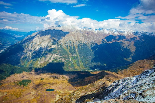 Aerial view from the drone. Summer mountain landscapes of Karachay Cherkessia, Dombay, Western Caucasus.