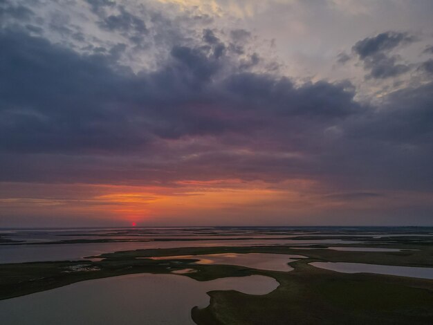 Aerial view from a drone to sunset over the lakes outdoor