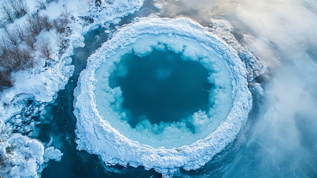 Photo aerial view of a frozen lake with a circle of open water in the center