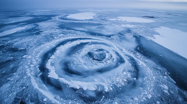 Photo an aerial view of a frozen lake with a unique spiral pattern formed by the ice