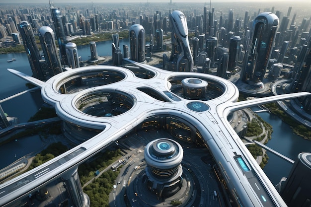 Photo aerial view of a futuristic city with a large circular highway system connecting various skyscrapers and buildings