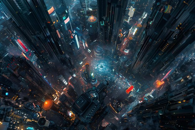 Aerial view of a futuristic city with towering skyscrapers neon lights and bustling streets showcasing a vibrant and advanced urban landscape