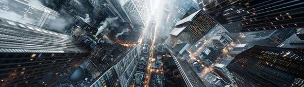 Aerial view of a futuristic cityscape at night with illuminated skyscrapers and vibrant street lights creating a dynamic urban environment