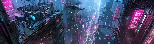 Aerial view of a futuristic cityscape with neon lights and flying vehicles showcasing a vibrant cyberpunk atmosphere and towering skyscrapers